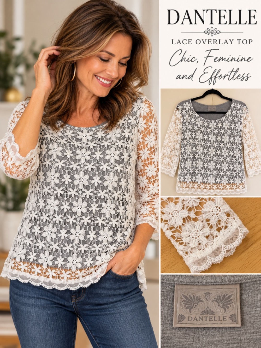 🌼 Dantelle Gray & Ivory Floral Lace Overlay Top